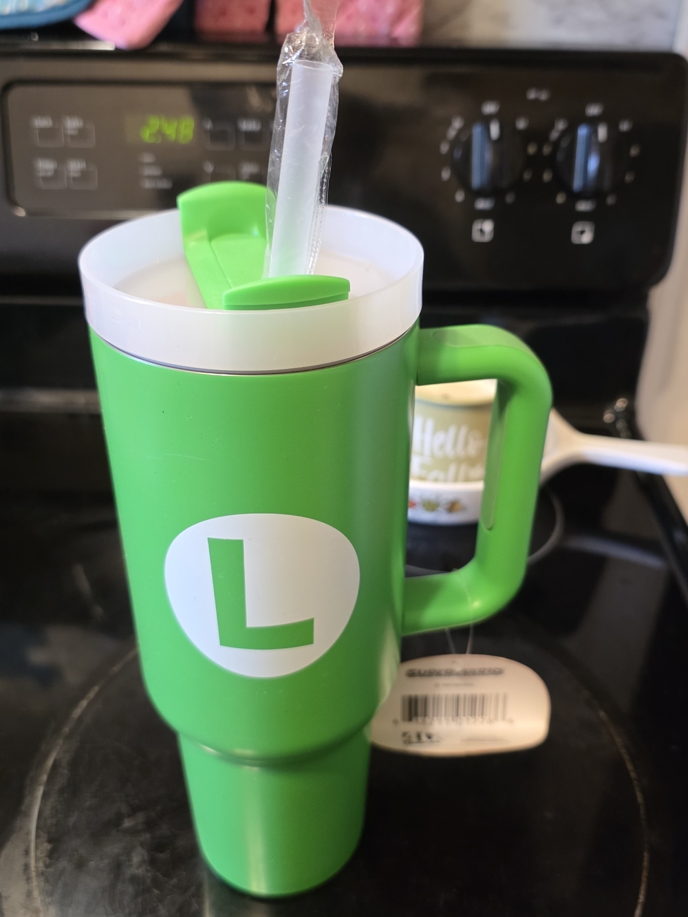 Nintendo Green Travel Mug with White L Logo and Straw